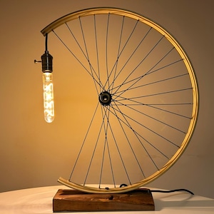 Bicycle Wheel Lamp Industrial Table Light | Upcycled Vintage Desk Lamp Handmade in Italy | Wooden Crescent Moon Lamp | Cyclist Gift Idea