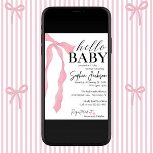 Hello Baby Shower Invitation | Pink Bow Theme | 5x7 Digital Download | Editable Canva Template