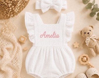 Baby Girl Romper Personalized, Embroidered Name Outfit, Muslin Cotton Bubble Romper, Newborn Gift, Coming Home Outfit