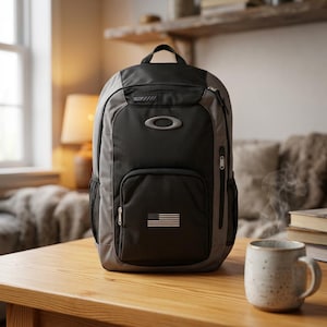 May include: A black and grey backpack featuring a top handle, a central Oakley logo, and a small American flag graphic on the front pocket. The bag includes side mesh pockets, multiple zippered compartments, and adjustable shoulder straps.