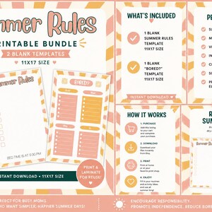 May include: Printable Summer Rules bundle with two 11x17 inch blank templates. The templates include a Summer Rules checklist and a "Bored?" template. The design features a peach and yellow color scheme with text that reads "Summer Rules".