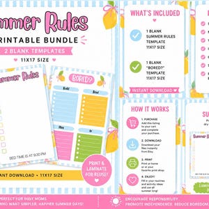 May include: A printable bundle titled "Summer Rules" with two 11x17 inch blank templates. The design features a lemon theme with pink, blue, and yellow colors. The bundle is designed to create routines, encourage independence, and reduce boredom.