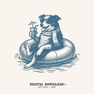 dog pool float png hand drawn digital download gift for dog lovers beach girls stylish dog shirt png summer drink illustration vintage pet