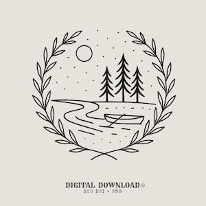 May include: A black and white line drawing of a lakeside scene, with a boat, trees, and a moon, framed by a circular wreath. The words "DIGITAL DOWNLOAD" and "300 DPI + PNG" are at the bottom.
