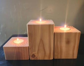 Handcrafted wooden candle holders, natural wood look
