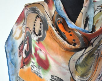 Abstract Silk Scarf, Hand painted Silk Scarf, Long Silk Shawl, Painted by hand Silk, Silk Scarf for woman, Luxury handpainted silk scarf