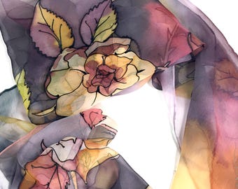 Hand Painted Silk Scarf, Autumn Roses, Luxury Wedding Shawl, Gift for Mom