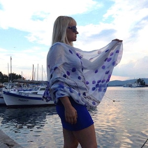 Hand-Painted 100% Silk Shawl, Blue Dots Luxury Scarf, Long Silk Wrap, Summer Silk Shawl, Abstract Boho Scarf, Artistic Wrap, Gift for Her