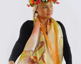 Hand Painted Silk Scarf, Orange flowers, Woman silk scarf, Woman accessory, Luxury silk scarf, Painting silk, Flowers Silk scarf, S2001