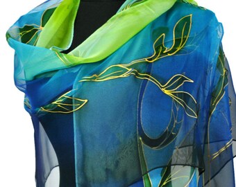 Lenço de chiffon de seda azul pintado à mão: Arte floral