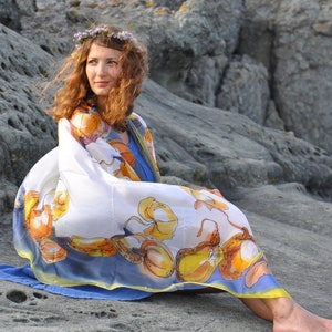 Hand-Painted Silk Scarf: Blue Border, Pumpkin Design