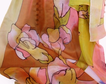Hand Painted Silk Floral Scarf, Natural Silk Wrap, Luxury Woman Accessory, Gift for Women, Elegant Long Shawl