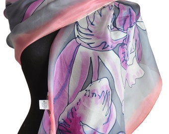 Luxury Silk Scarf with Orchids, Hand Painted Shawl , Women’s Accessory, Mothers Day Gift