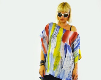 Abstract hand painted silk tunic/ Painting silk top/ Silk tunic/ Woman Luxury Silk tunic/ Summer Silk Top/ Handpainted Tunic/Maxi top/T0087