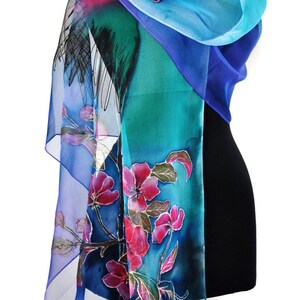 Hand Painted Silk Scarf: Long Blue Floral Shawl