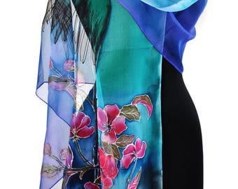 Hand-Painted Silk Scarf with Flowers and Birds, Long Artistic Shawl, Natural Lightweight Wrap
