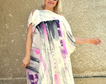 Vestido de seda pintado a mano, túnica caftán abstracta, caftán largo de playa de verano, ropa de tallas grandes, top largo de seda