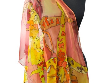 Hand Painted Silk Scarf, Silk Scarf For Women,  Silk Chiffon Scarf, Woman long Scarf,  Gift For Woman, Painting Scarf, Women Scarf, Gabyga