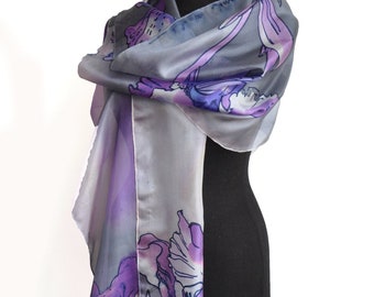 Hand Painted Silk Scarf: Purple Iris Floral Wrap