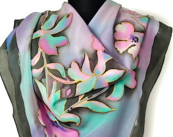 Handpainted silk square scarf/Luxury silk shawl/Floral sarf/Beautiful gift/Painting silk/Square scarf painting by hand/Flowers in blue/S02