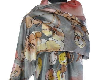 Hand Painted Gray Silk Scarf, Long 100% Silk Painted Scarf, Painting by hand exotic flowers, Mothers Day Gift, Long scarf, Bridesmaid Gift