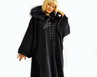 Maxi Black Wool Cape/ Wool Coat/ Plus size Cloak/ Fur fox Hooded Cape/ Winter Coat/ Black Hooded Coat/ Maxi hooded cape/Long wool coat/C0223