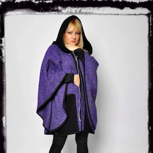 Purple Wool Hooded Cape Coat: Handmade Maxi Poncho Jacket