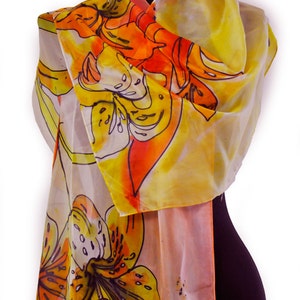 Hand Painted Silk Scarf: Yellow Orange Floral Shawl (50/180 cm)