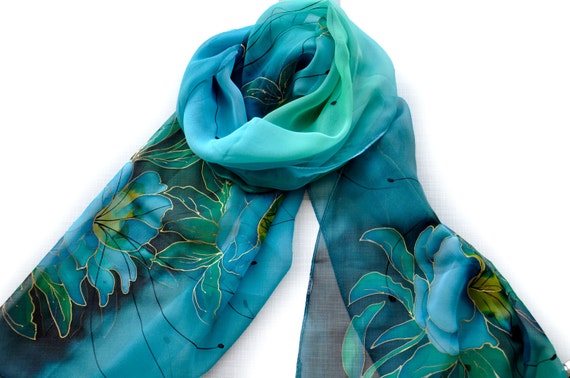 小物 Hand Printed Silk Scarf - blue Silk Scarf, Digitally Printed Silk Scarf, Blue Silk Scarf