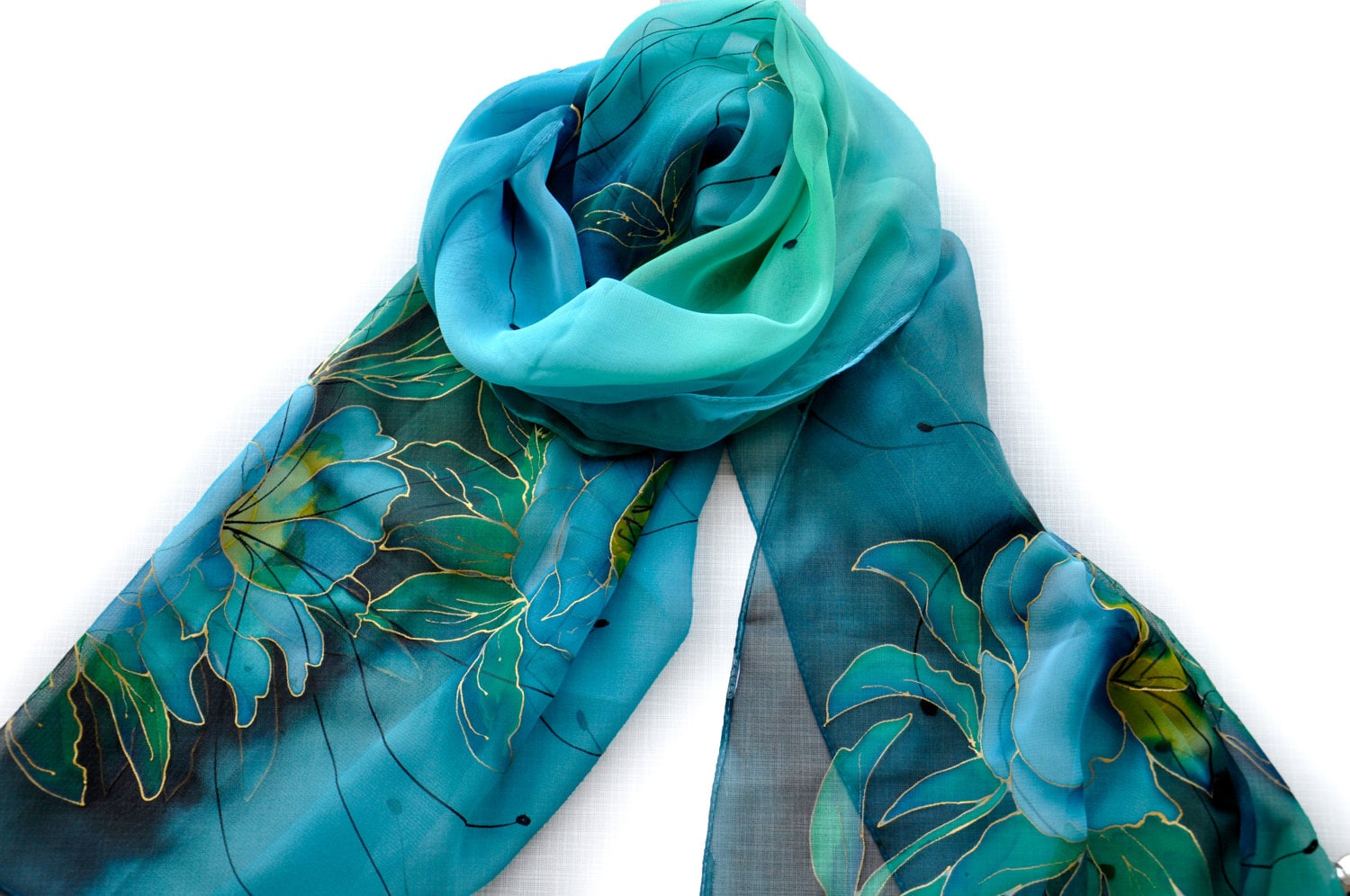 小物 Hand Printed Silk Scarf - blue Hand-painted Silk Scarf With Blue Exotic Flowers, Artistic