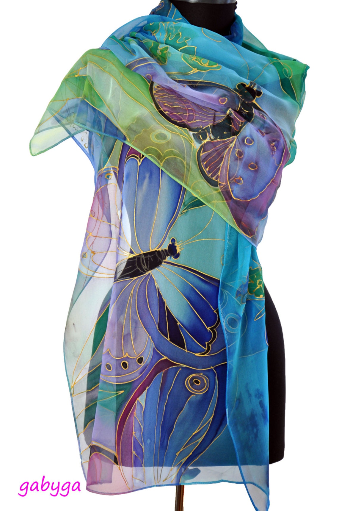 Hand Painted Silk Scarf/painting by Hand Blue Butterflies/blue Silk