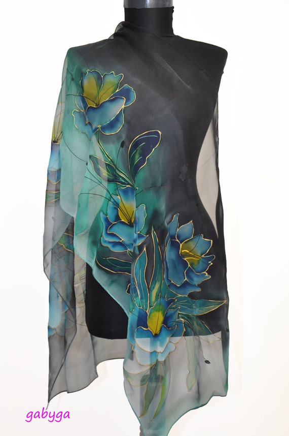 Blue Exotic Scarf, Hand Painted Silk Scarf, Painting by Hand