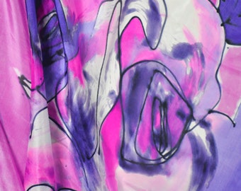 Hand-Painted Silk Scarf, Abstract Roses, Pink Blue Floral Wrap (90x90 cm)