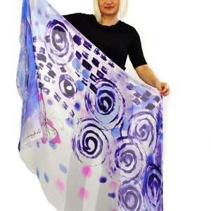 Hand-Painted 100 % Silk Scarf, Abstract Butterfly Design, Luxury Shawl,