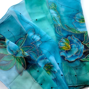 Hand-Painted Silk Scarf: Exotic Blue Floral Art, Luxury Gift