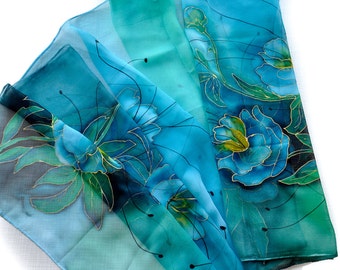 Hand-painted Silk Scarf With Blue Exotic Flowers, Artistic