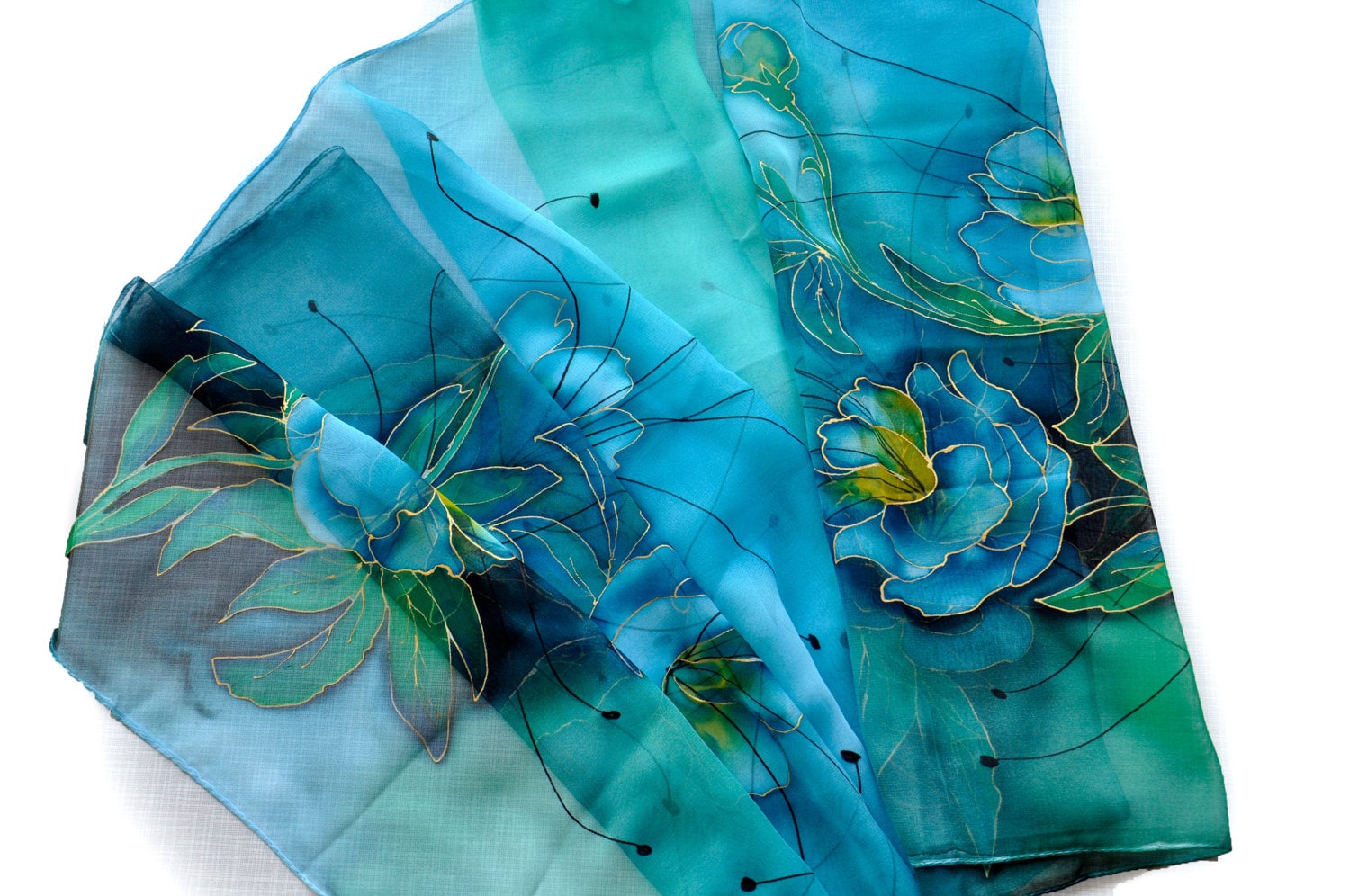 Handgeschilderde zijden sjaal: exotische blauwe bloemenkunst, luxe cadeau