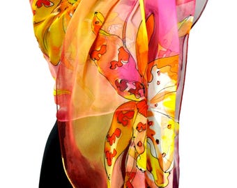 Hand Painted Silk Scarf with Yellow Orange Orchids, Floral Shawl for Women