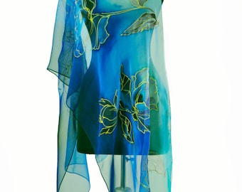Lenço de chiffon de seda pintado à mão: estampa floral azul, xale azul royal