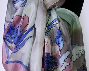 Luxurious Hand-Painted Silk Shawl, Large Gray Wrap with Violet Blue Poppies, Elegant Autumn Toned Artistic Scarf, Unique Statement Gift