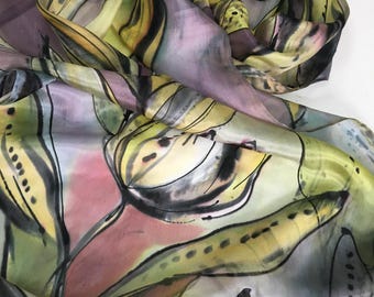 Hand-Painted 100% Silk Scarf with Tulips, Elegant Pastel Wrap, Abstract Artistic Design, Gift for Her, luxury  Christmas Gift Shawl