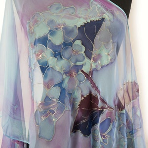 Hand Painted Silk Scarf, Painting Floral Chiffon Scarf, Hand Painted Silk , Long luxury Floral Scarf, Bridal Gift, Mother's Day Gift, Gabyga