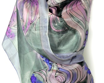 Gray silk scarf/Hand painted soft silk scarf/Luxury silk scarf/Painted by hand exotic flowers/Woman gift/Woman accessory/Painting silk scarf