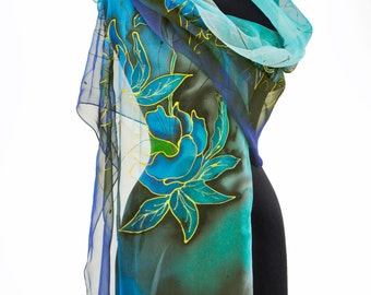 Hand painted Silk Chiffon Scarf/Dark Blue and Green flowers/Luxury Blue Long Scarf/Handpainted flowers/Chiffon scarf painted by hand/S0140