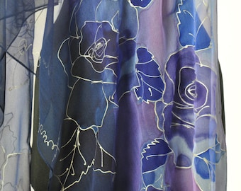 Hand Painted Silk Scarf, Blue Scarf with Roses, Unique Floral Silk Accessory, Elegant Gift for Her, Lightweight Luxury Scarf, Handmade Art