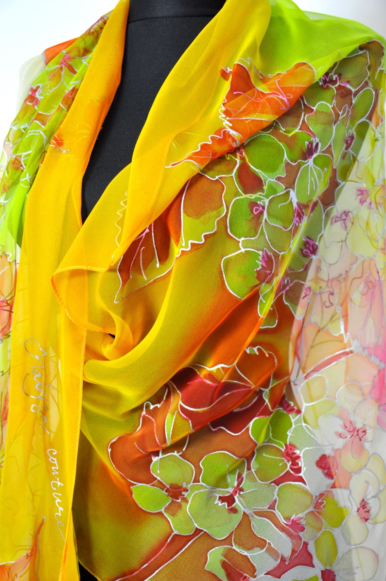 Hand Painted Silk Chiffon Scarf/yellow Flowers/painted by Hand Silk