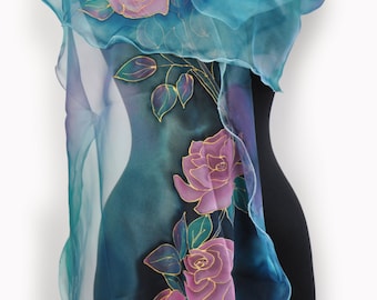 Roses in blue/Painted silk scarf/Hand Painted Silk scarf/Woman silk chiffon scarf/Accessory/Blue flowers Painted on hand/Long  shawl/S0186