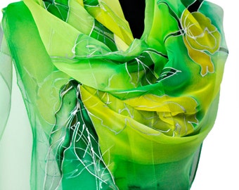 Hand Painted Scarf, Green Silk Shawl with Peony Print, Artistic Floral Wrap