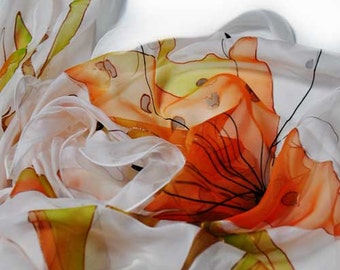 Orange flowers/Hand painted Silk Scarf/Painted silk scarf/Painted by hand flowers/Woman scarf/Long silk scarf/ silk Accessory/S0134
