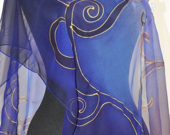 NEW Hand Painted Silk Scarf/Women Silk Scarf/Woman Accessory/Abstract Royal blue silk Chiffon scarf/Painted by hand/ Gift for Woman/S0205